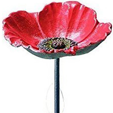 RED POPPY GLASS BIRD BATH W/STAND 16 IN